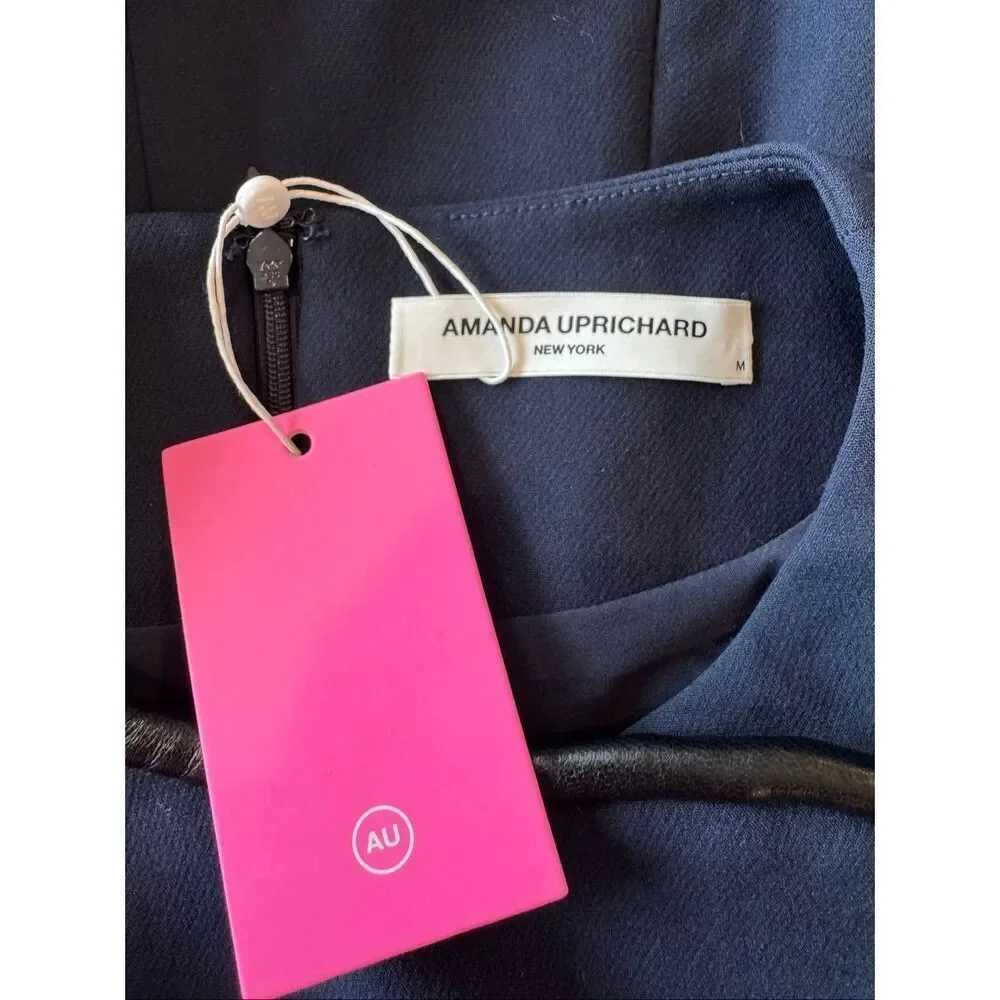 NWT Amanda Uprichard Andie Dress Navy Blue Faux Leather Trim Mini Medium Party